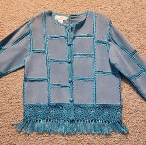 Teal Crochet and Suede Jacket  Bohemian Style